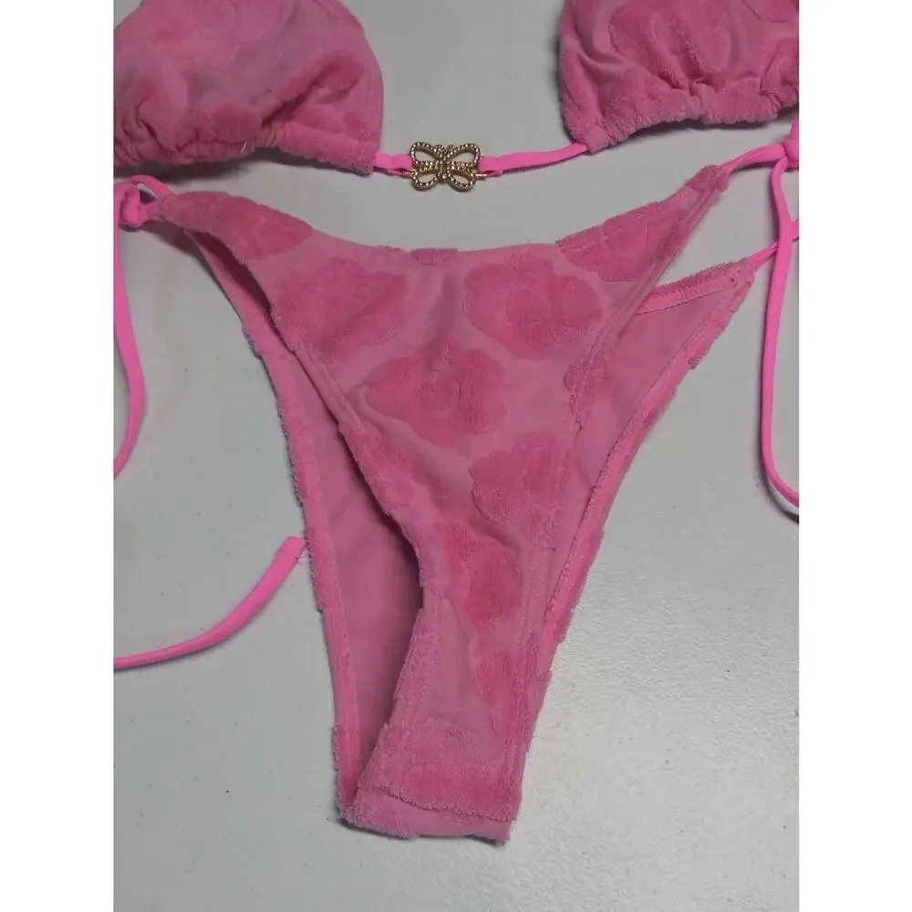 Pink Terry Cloth Tie-Strap Triangle Bikini Set with Heart Texture Size M